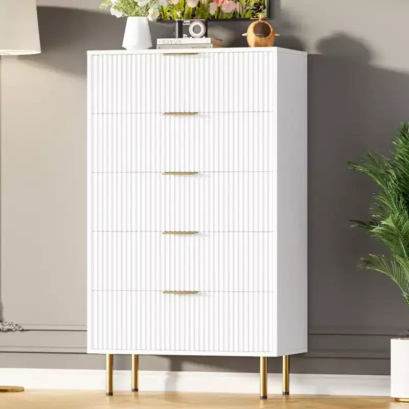Cassettiera scanalata a 5 cassetti con piano effetto marmo, nero/rovere/bianco, portaoggetti per camera da letto singola
