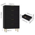 Cassettiera scanalata a 5 cassetti con piano effetto marmo, nero/rovere/bianco, portaoggetti per camera da letto singola