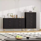 Cassettiera scanalata a 5 cassetti con piano effetto marmo, nero/rovere/bianco, portaoggetti per camera da letto singola