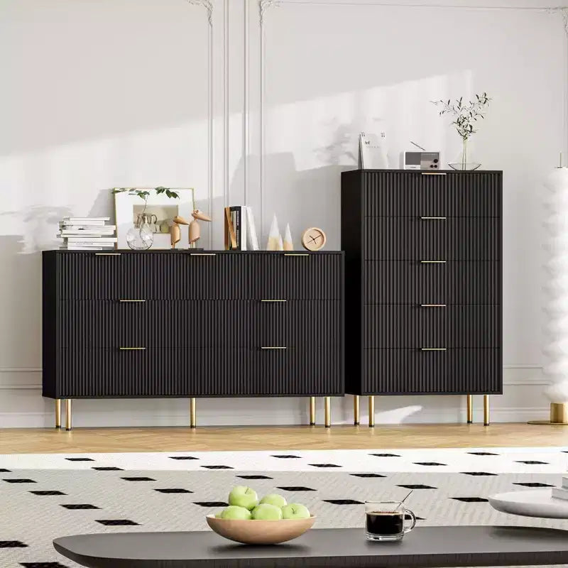 Cassettiera scanalata a 5 cassetti con piano effetto marmo, nero/rovere/bianco, portaoggetti per camera da letto singola