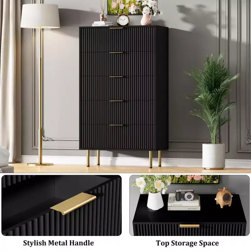 Cassettiera scanalata a 5 cassetti con piano effetto marmo, nero/rovere/bianco, portaoggetti per camera da letto singola