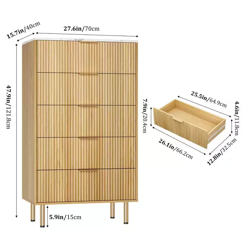 Cassettiera scanalata a 5 cassetti con piano effetto marmo, nero/rovere/bianco, portaoggetti per camera da letto singola
