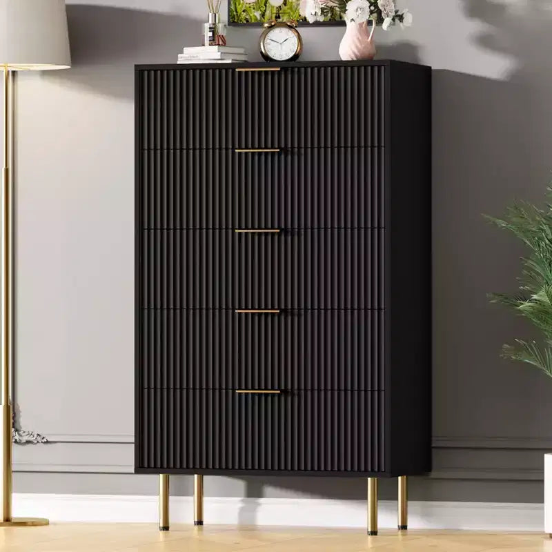 Fluted Wood Dresser 5 Drawers Dresser for Bedroom, Modern Chest of Drawers, Tall Brown Dresser with Faux Marble Top