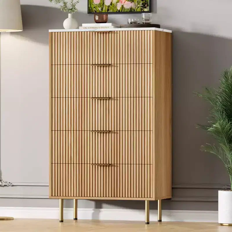 Cassettiera scanalata a 5 cassetti con piano effetto marmo, nero/rovere/bianco, portaoggetti per camera da letto singola