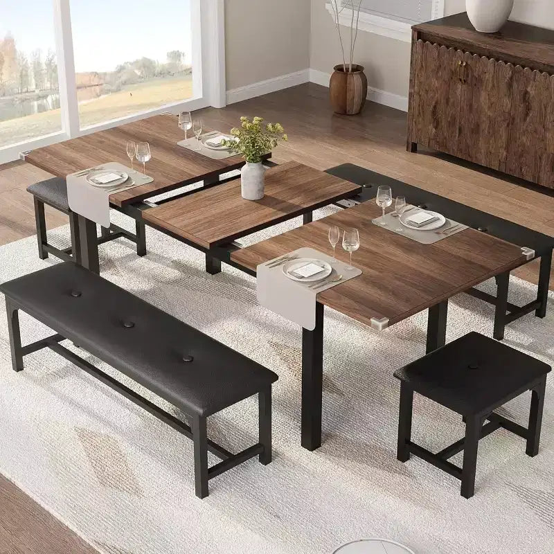 Set tavolo da pranzo allungabile in noce/legno con 2 panche e 2 sgabelli, 4-6 posti