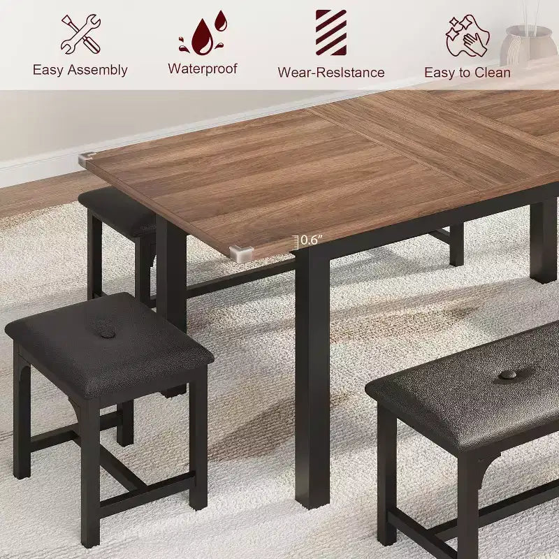Set tavolo da pranzo allungabile in noce/legno con 2 panche e 2 sgabelli, 4-6 posti