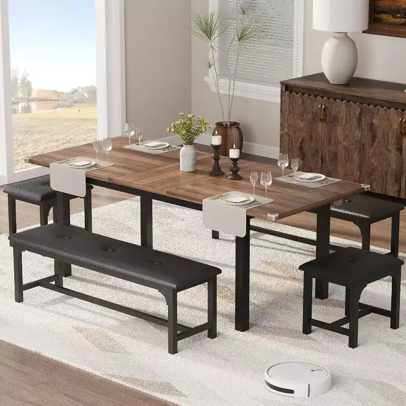 Set tavolo da pranzo allungabile in noce/legno con 2 panche e 2 sgabelli, 4-6 posti