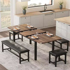 Set tavolo da pranzo allungabile in noce/legno con 2 panche e 2 sgabelli, 4-6 posti