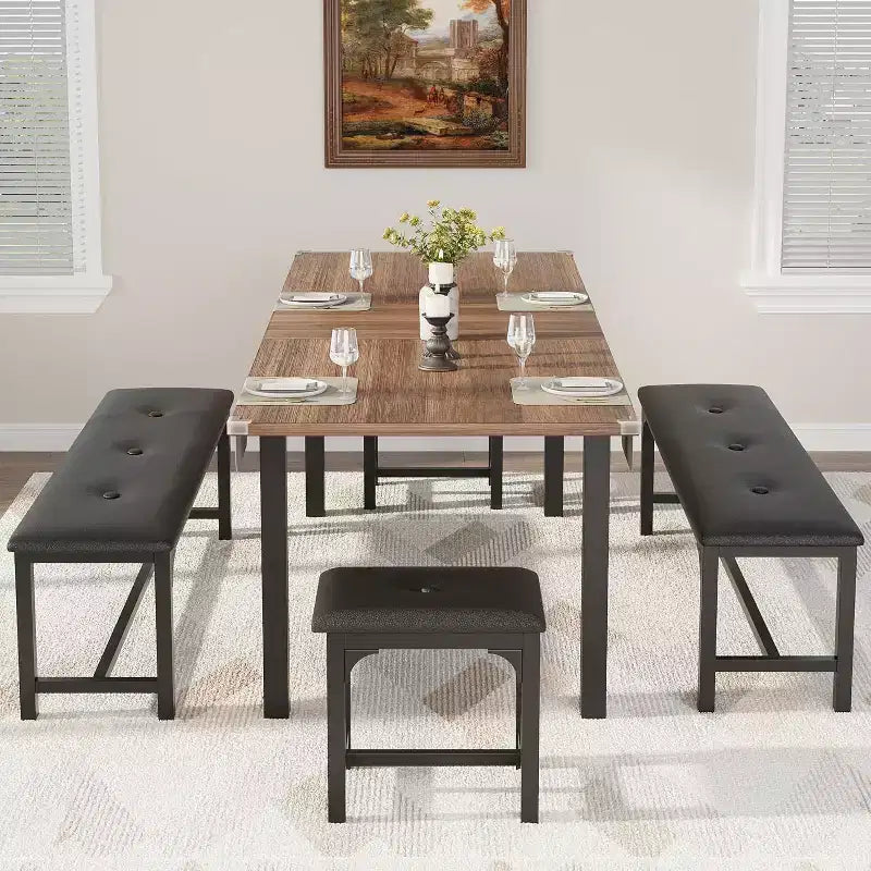 Set tavolo da pranzo allungabile in noce/legno con 2 panche e 2 sgabelli, 4-6 posti