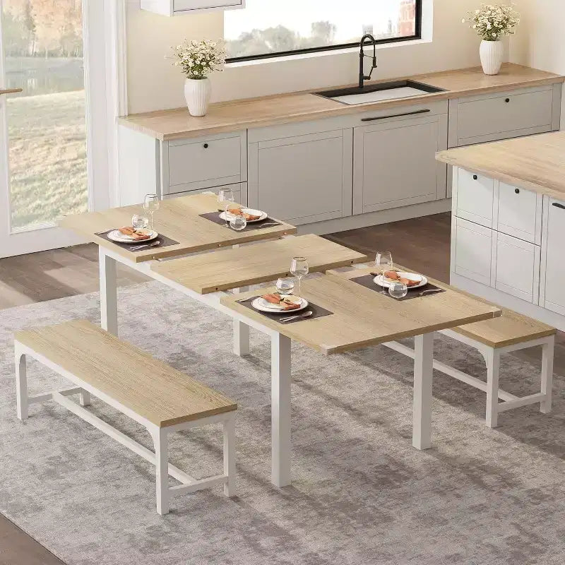 Set tavolo da pranzo allungabile in noce/legno con 2 panche e 2 sgabelli, 4-6 posti