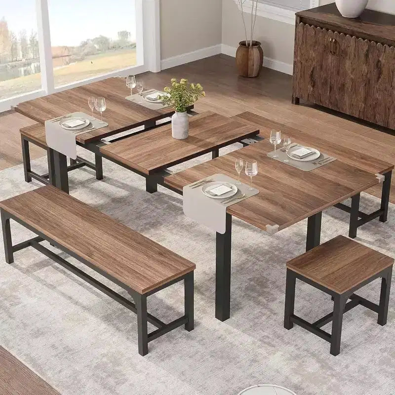 Set tavolo da pranzo allungabile in noce/legno con 2 panche e 2 sgabelli, 4-6 posti
