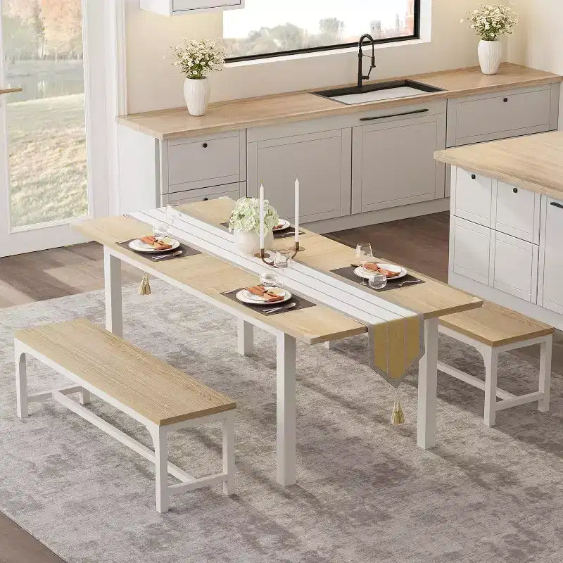 Set tavolo da pranzo allungabile in noce/legno con 2 panche e 2 sgabelli, 4-6 posti