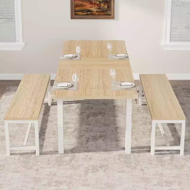 Set tavolo da pranzo allungabile in noce/legno con 2 panche e 2 sgabelli, 4-6 posti