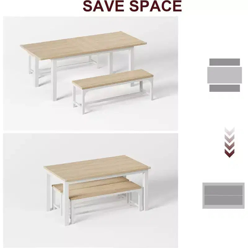 Set tavolo da pranzo allungabile in noce/legno con 2 panche e 2 sgabelli, 4-6 posti
