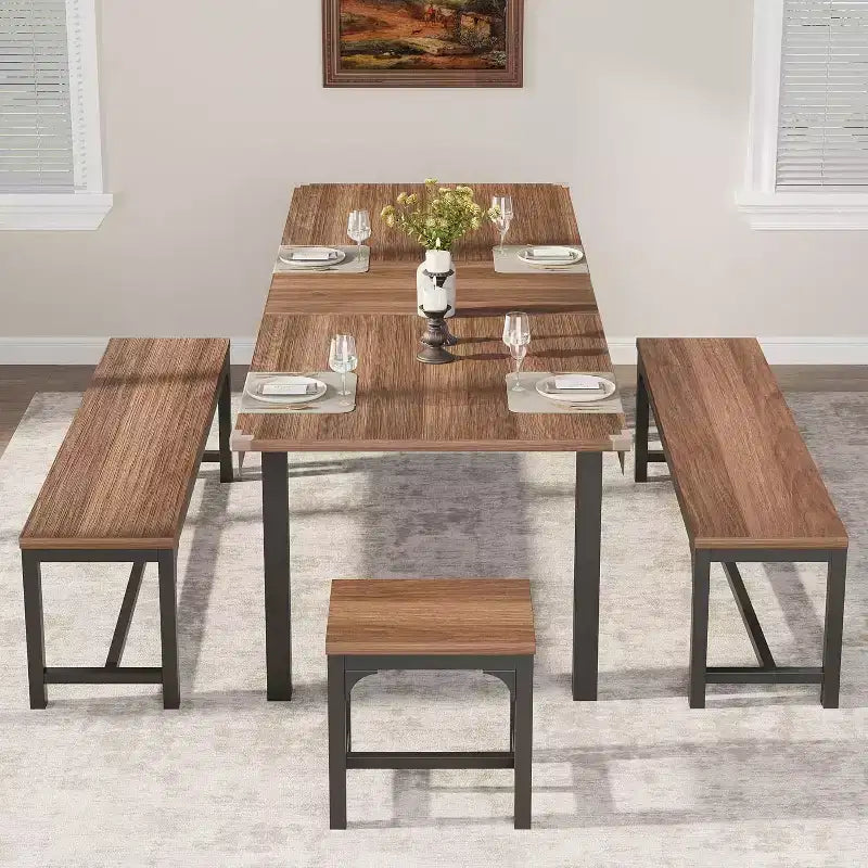 Set tavolo da pranzo allungabile in noce/legno con 2 panche e 2 sgabelli, 4-6 posti