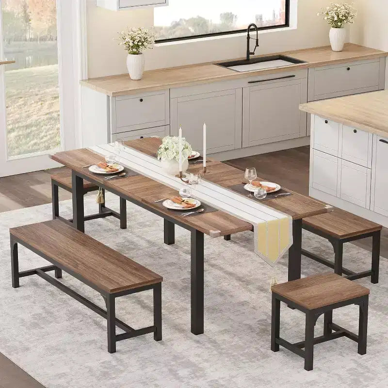 Set tavolo da pranzo allungabile in noce/legno con 2 panche e 2 sgabelli, 4-6 posti