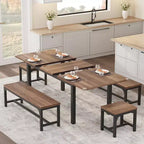 Set tavolo da pranzo allungabile in noce/legno con 2 panche e 2 sgabelli, 4-6 posti