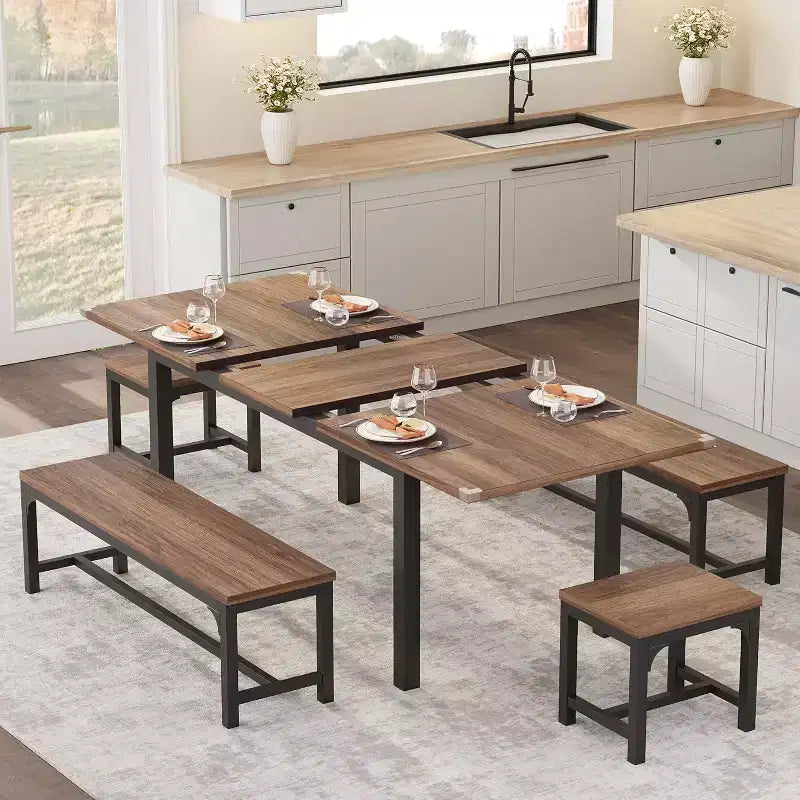 Set tavolo da pranzo allungabile in noce/legno con 2 panche e 2 sgabelli, 4-6 posti