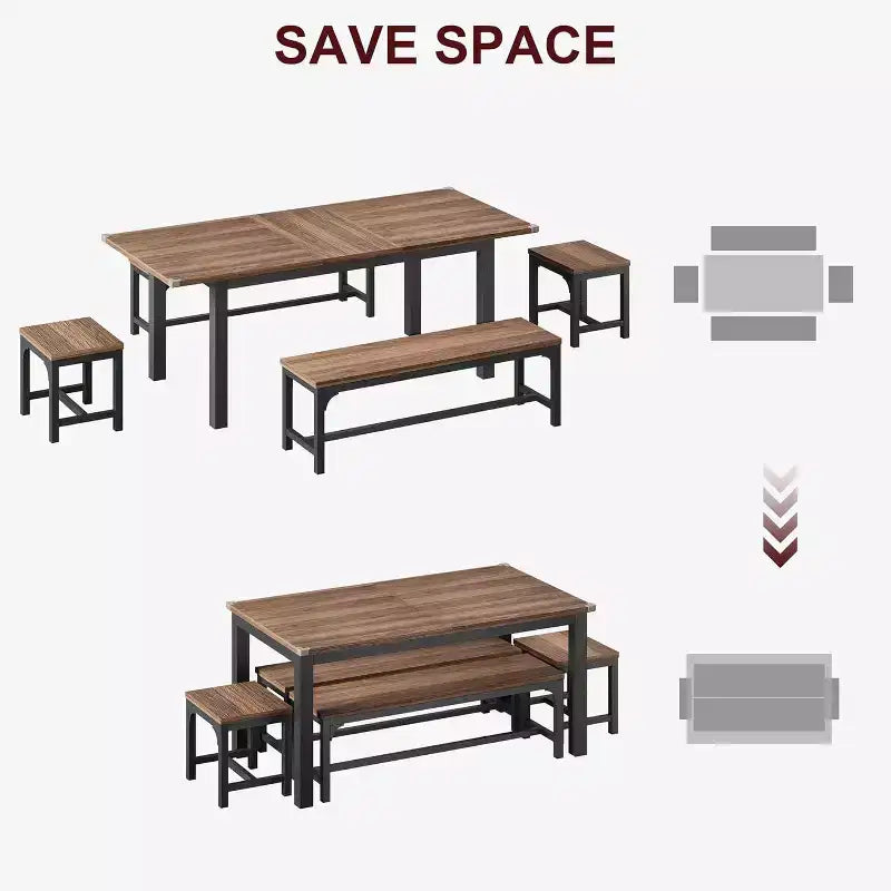 Set tavolo da pranzo allungabile in noce/legno con 2 panche e 2 sgabelli, 4-6 posti