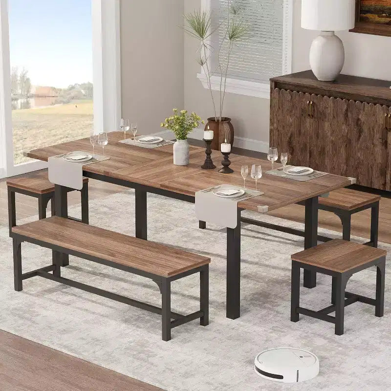 CuisinSmart Dining Table Set for 4-6 with 2 Benches & 2 Stool, 63 Large Extendable Dining Room Table Set for 4, Kitchen Table Set