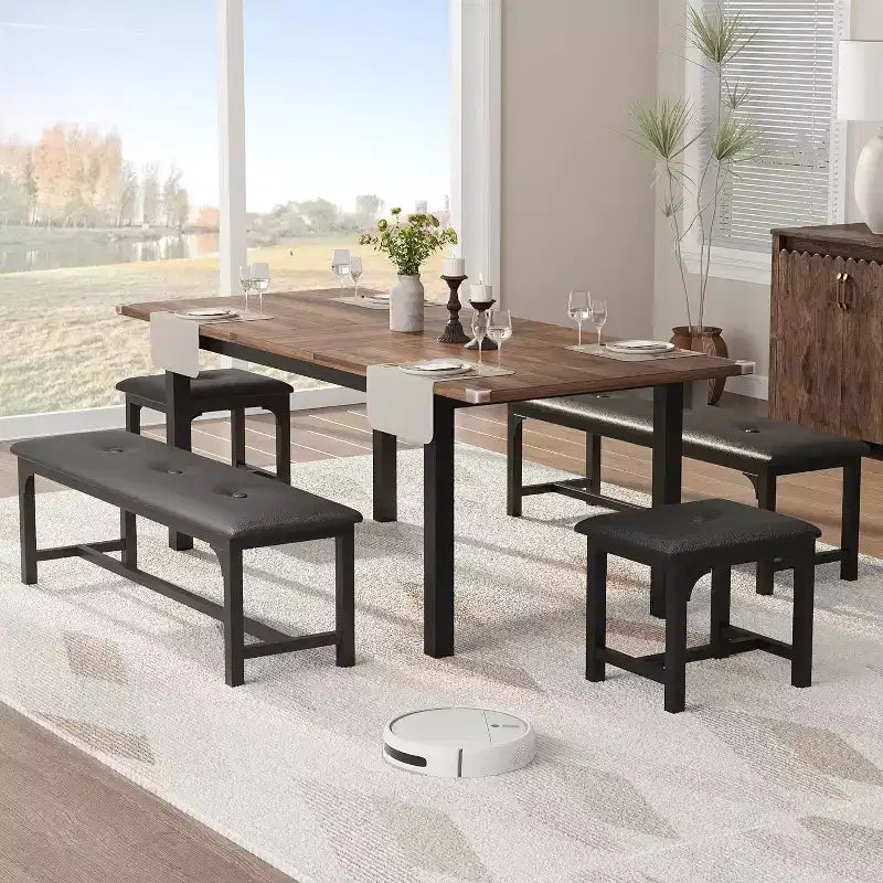 Set tavolo da pranzo allungabile in noce/legno con 2 panche e 2 sgabelli, 4-6 posti