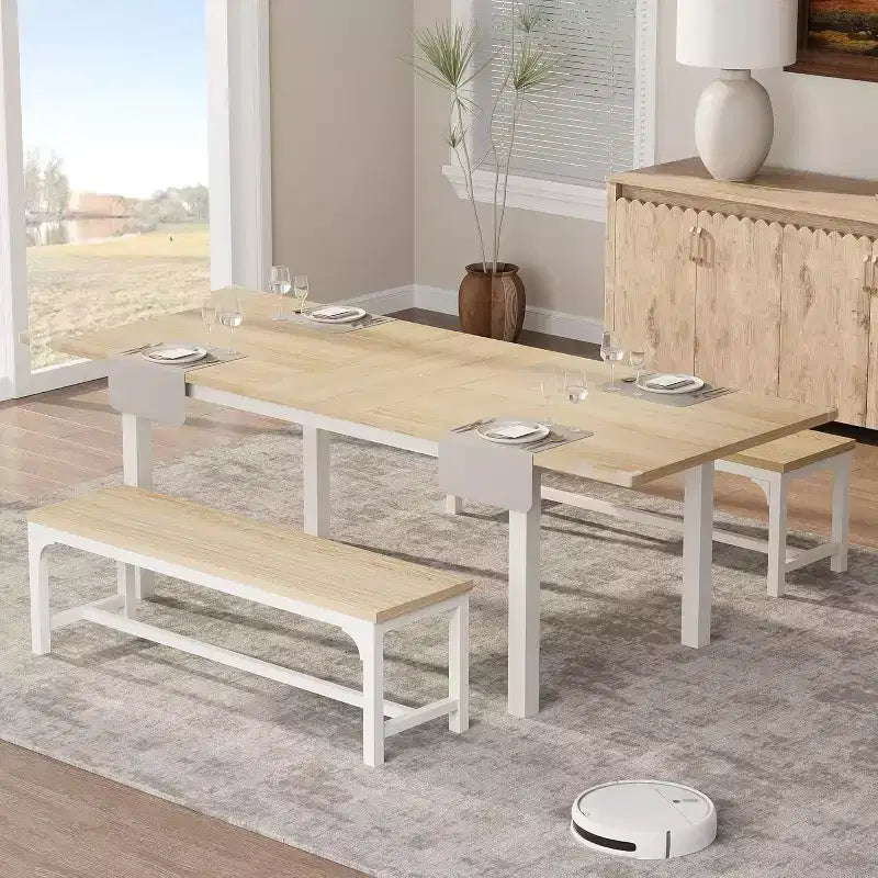 Set tavolo da pranzo allungabile in noce/legno con 2 panche e 2 sgabelli, 4-6 posti