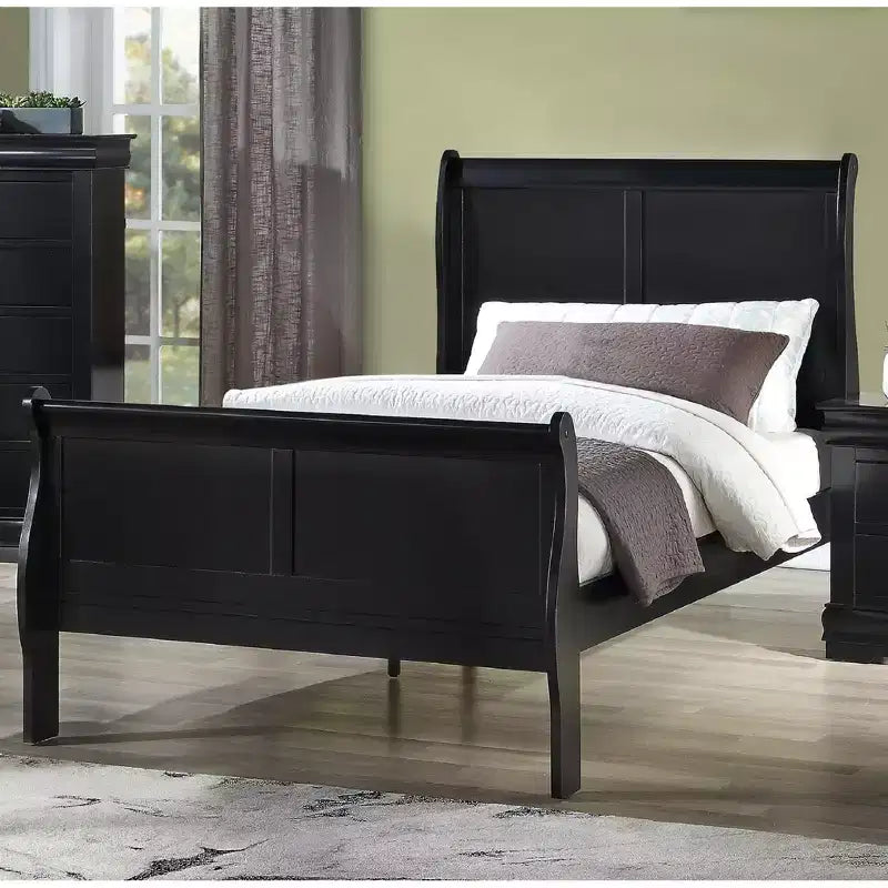 Letto a slitta singolo nero, legno massello, 1 persona