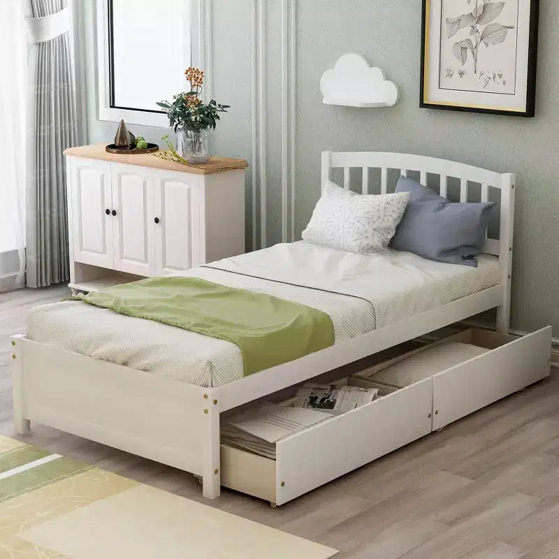 Twin Platform Storage Bed Wood Bed Frame with Two Drawers and Headboard White