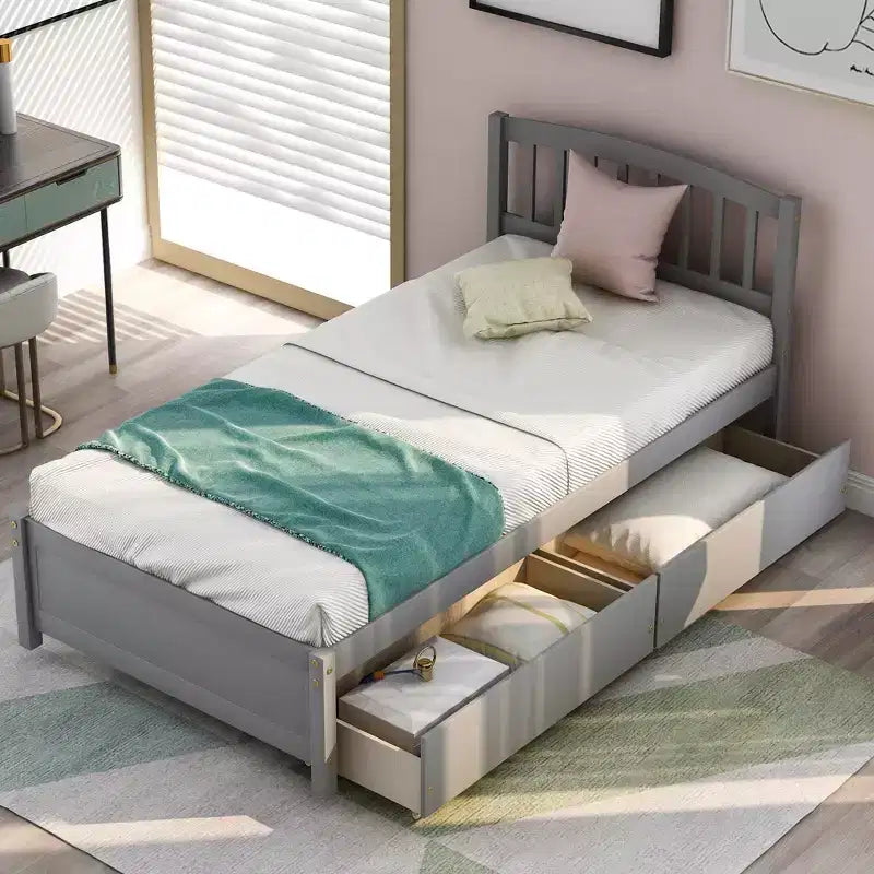 Letto a piattaforma singolo con 2 cassetti e testiera – Marrone / Grigio / Bianco, Per 1