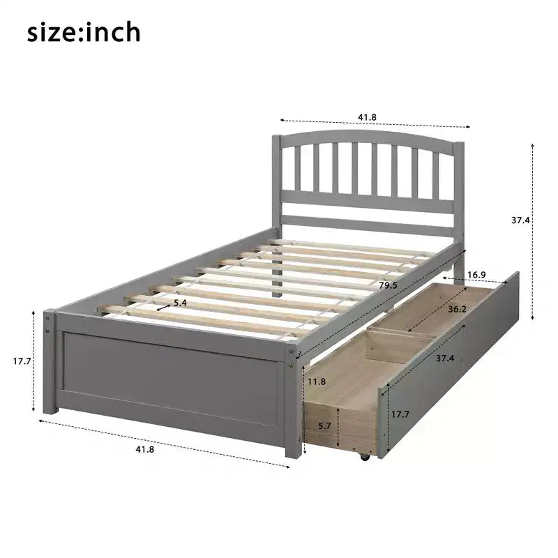 Letto a piattaforma singolo con 2 cassetti e testiera – Marrone / Grigio / Bianco, Per 1