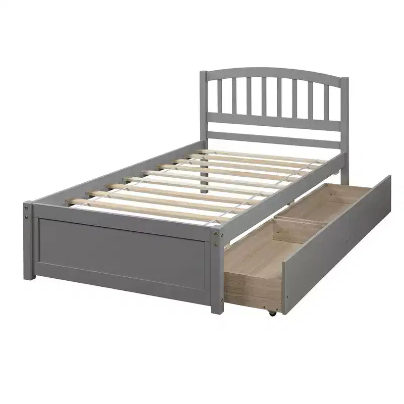 Letto a piattaforma singolo con 2 cassetti e testiera – Marrone / Grigio / Bianco, Per 1