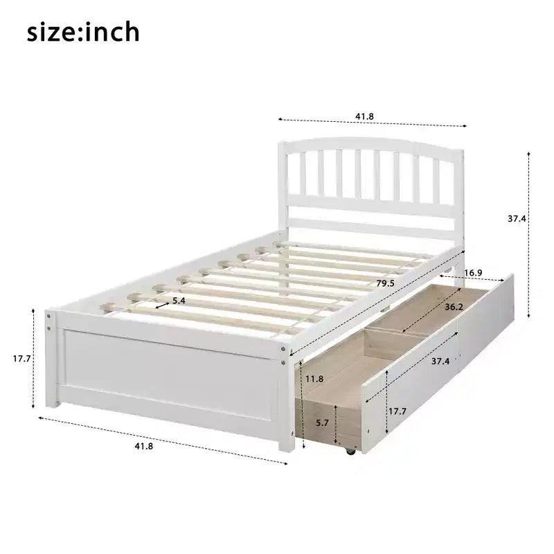 Letto a piattaforma singolo con 2 cassetti e testiera – Marrone / Grigio / Bianco, Per 1
