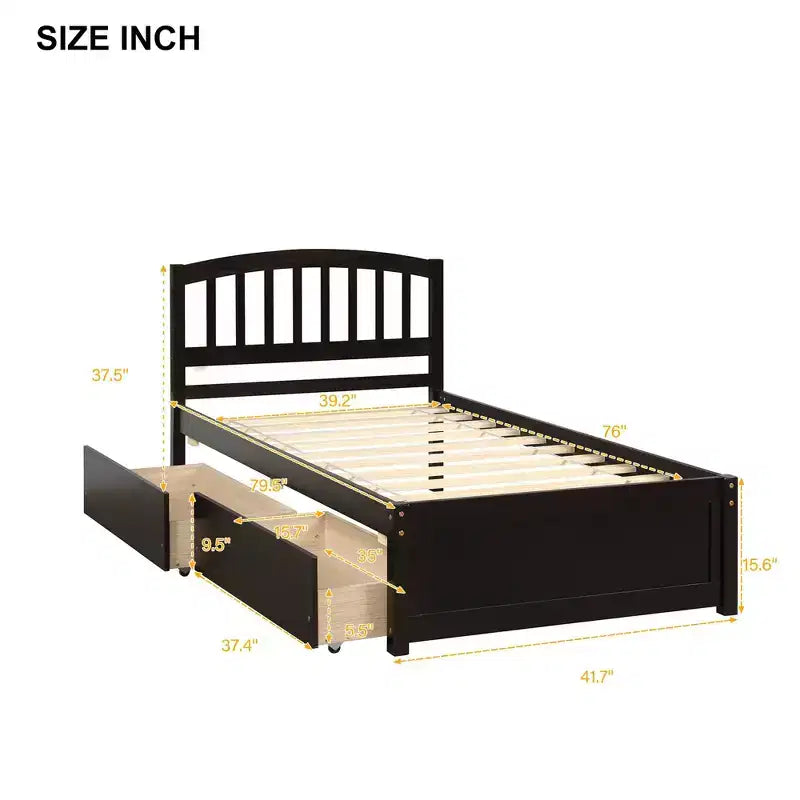 Letto a piattaforma singolo con 2 cassetti e testiera – Marrone / Grigio / Bianco, Per 1