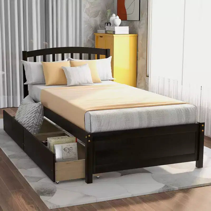Letto a piattaforma singolo con 2 cassetti e testiera – Marrone / Grigio / Bianco, Per 1