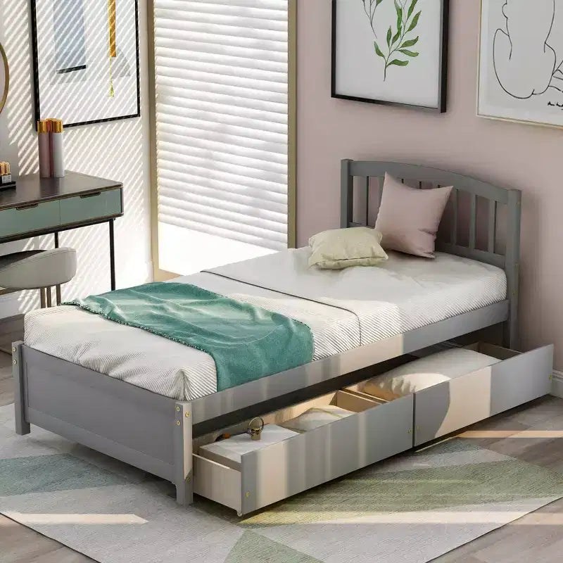 Letto a piattaforma singolo con 2 cassetti e testiera – Marrone / Grigio / Bianco, Per 1