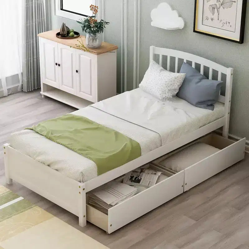 Letto a piattaforma singolo con 2 cassetti e testiera – Marrone / Grigio / Bianco, Per 1