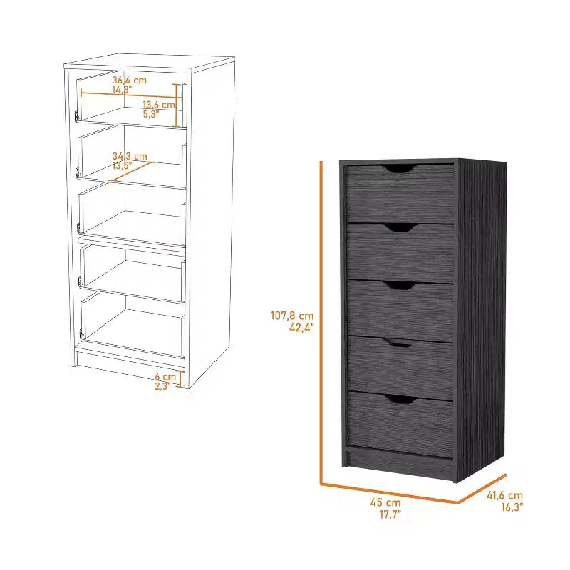 Cassettiera stretta a 5 cassetti, nero/grigio/bianco/naturale, cassettiera singola