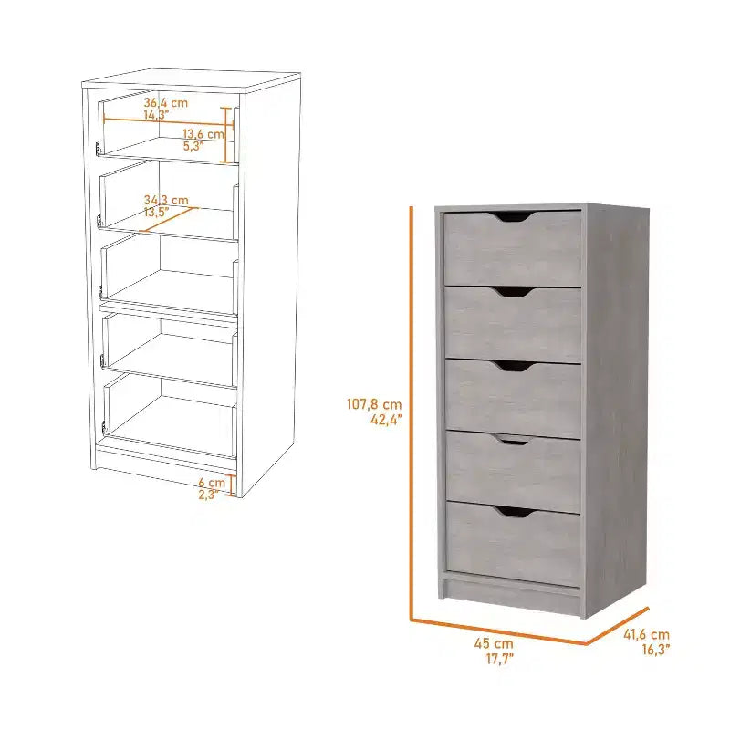 Cassettiera stretta a 5 cassetti, nero/grigio/bianco/naturale, cassettiera singola