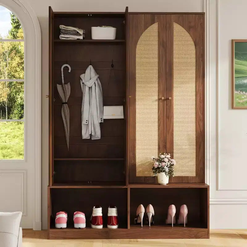 Appendiabiti da ingresso rustico nero/noce con ante in rattan, panca e 6 ganci – Singolo