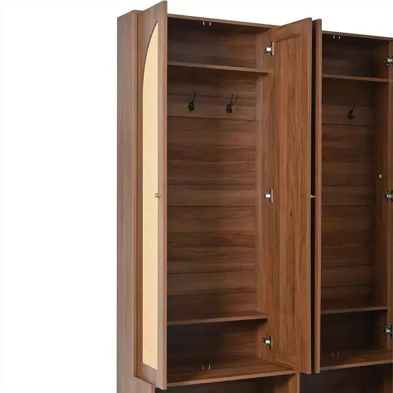 Appendiabiti da ingresso rustico nero/noce con ante in rattan, panca e 6 ganci – Singolo