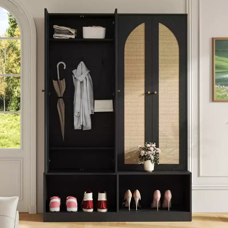 Appendiabiti da ingresso rustico nero/noce con ante in rattan, panca e 6 ganci – Singolo