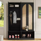 Appendiabiti da ingresso rustico nero/noce con ante in rattan, panca e 6 ganci – Singolo