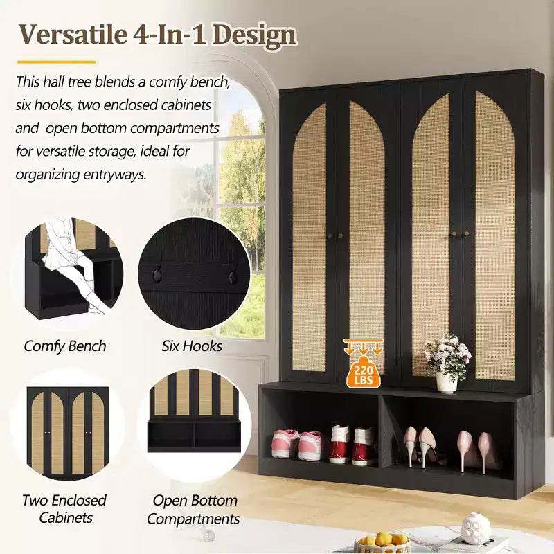 Appendiabiti da ingresso rustico nero/noce con ante in rattan, panca e 6 ganci – Singolo