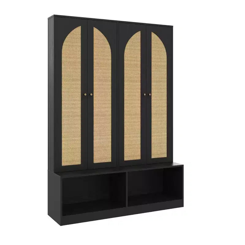Appendiabiti da ingresso rustico nero/noce con ante in rattan, panca e 6 ganci – Singolo