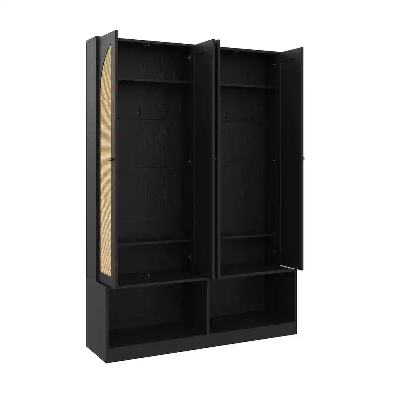 Appendiabiti da ingresso rustico nero/noce con ante in rattan, panca e 6 ganci – Singolo