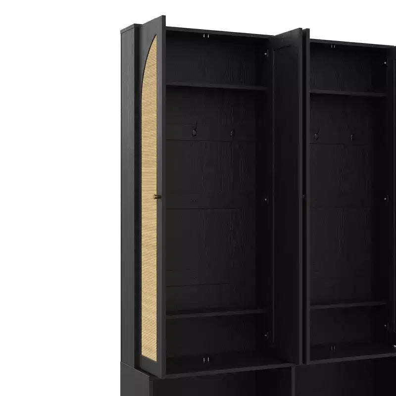 Appendiabiti da ingresso rustico nero/noce con ante in rattan, panca e 6 ganci – Singolo