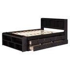 Letto a piattaforma matrimoniale/grande, colore espresso/grigio/bianco con testiera a libreria e 6 cassetti portaoggetti, adatto per 1-2 persone