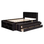 Letto a piattaforma matrimoniale/grande, colore espresso/grigio/bianco con testiera a libreria e 6 cassetti portaoggetti, adatto per 1-2 persone