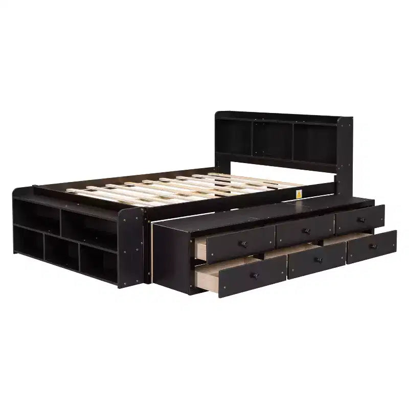 Letto a piattaforma matrimoniale/grande, colore espresso/grigio/bianco con testiera a libreria e 6 cassetti portaoggetti, adatto per 1-2 persone