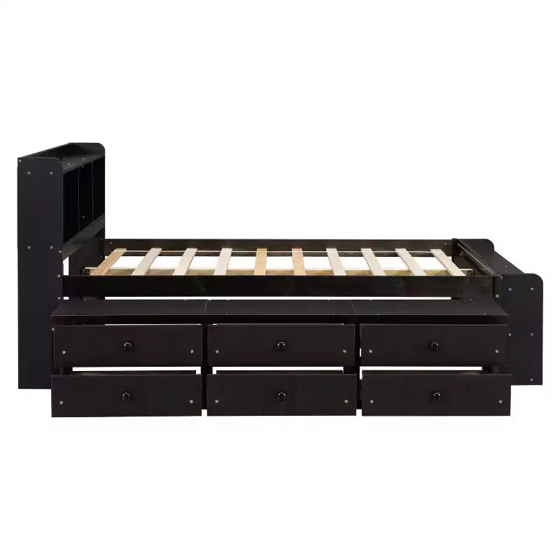 Letto a piattaforma matrimoniale/grande, colore espresso/grigio/bianco con testiera a libreria e 6 cassetti portaoggetti, adatto per 1-2 persone